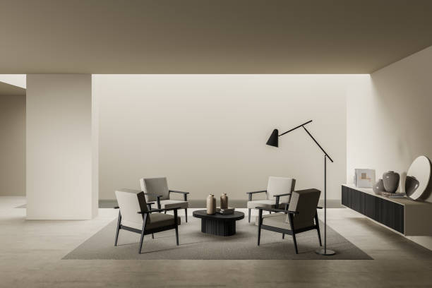 istock Light living room interior with armchairs, coffee table and drawer 1357261657