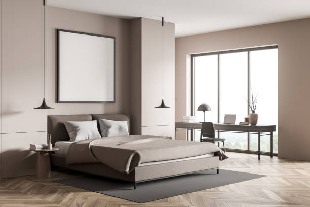 istock Square canvas in beige bedroom with home office desk. Corner view. 1357262350