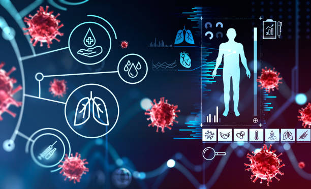 istock Digital interface with hologram of human body and hud 1357262396