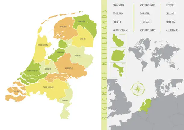 Vector illustration of Detailed vector map of the Netherlands with administrative divisions into provinces and islands