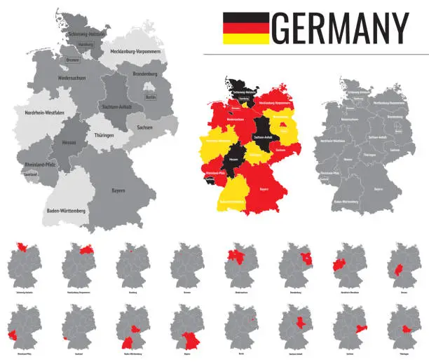 Vector illustration of Detailed vector map of federal states of Germany with flag