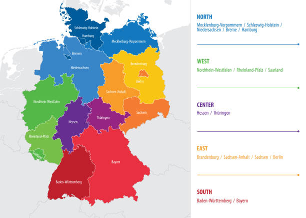 ilustraciones, imágenes clip art, dibujos animados e iconos de stock de mapa vectorial de regiones de alemania - nordrhein westfalen flag