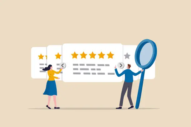Vector illustration of Reputation management team monitor online feedback rating to improve brand positive rank and gain customer trust concept, marketing team monitor and analyze stars rating to increase satisfaction.