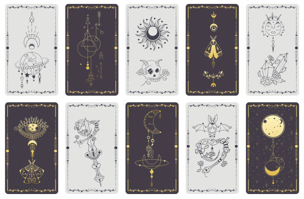 A set of alchemical esoteric mystical magic templates for tarot cards, banners, leaflets, posters,brochures, stickers. Stock vector A set of alchemical esoteric mystical magic templates for tarot cards, banners, leaflets, posters,brochures, stickers. Esoteric linear engravings with astrological symbols. Cards with esoteric symbols tarot cards illustrations stock illustrations