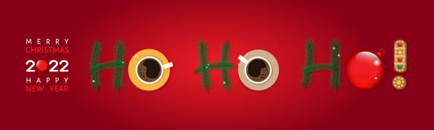 HOHOHO CHRISTMAS COFFE CUPS red background. vector art illustration