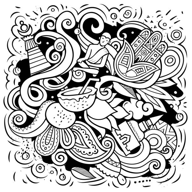 India cartoon vector doodle illustration India cartoon vector doodle illustration. Line art detailed composition with lot of Indian objects and symbols. ganesha outline drawing stock illustrations