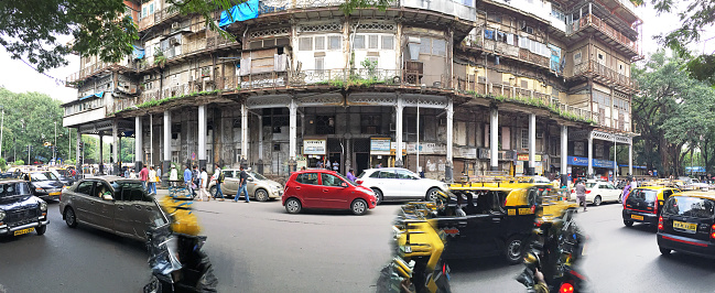 Mumbai streetscene panoramic close-up, Colaba District, Mumbai, India, India, land of contrasts, colours and sounds from its religious devotions, colourful costumes and dress, picturesque and multicolored landscapes to its multicultural population that clamours in its towns and cities