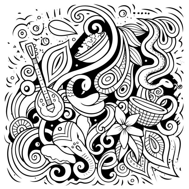 India cartoon vector doodle illustration India cartoon vector doodle illustration. Line art detailed composition with lot of Indian objects and symbols. ganesha outline drawing stock illustrations