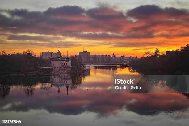 View Of Cityscape In The Evening Church Of Blessed Xenia Of St Petersburg On The Riverbank Of The River Southern Bug In Vinnytsia Ukraine Dramatic View Stock Photo - Download Image Now