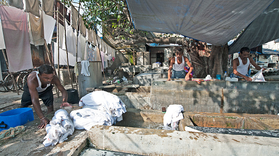 Dhobi ghat, Dharavi slums, Mumbai, India, India, land of contrasts, colours and sounds from its religious devotions, colourful costumes and dress, picturesque and multicolored landscapes to its multicultural population that clamours in its towns and cities