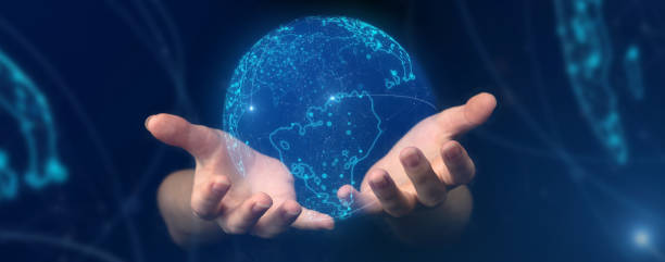istock Metaverse universe banner. Internet digital transformation, next generation of technology era. Hands with global virtual reality, social media platform. Business background double exposure photo 1357268817