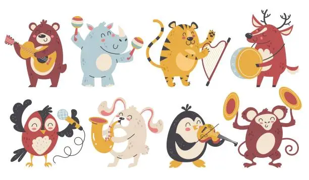 Vector illustration of Animals play music. Happy wildlife characters with different musical instruments. Cartoon wild artists. Band sounds. Woodland creatures orchestra performance. Vector funny musicians set