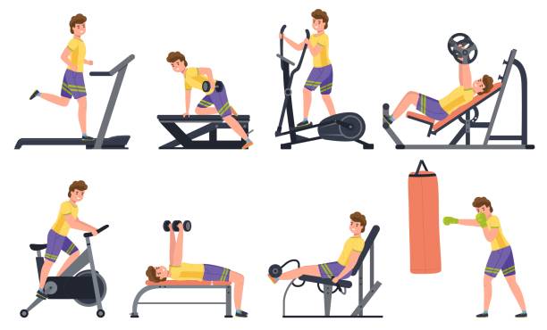 ilustraciones, imágenes clip art, dibujos animados e iconos de stock de hombre en el gimnasio. jock chico se involucró en simuladores deportivos. deportista aislado haciendo ejercicios de musculación y fitness. estilo de vida saludable. entrenamiento muscular. conjunto de actividades de personajes masculinos vectoriales - healthy lifestyle men boxing dumbbell