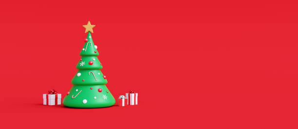 istock Decorated Christmas tree and gifts on red background with copy space 3d render 1357270294