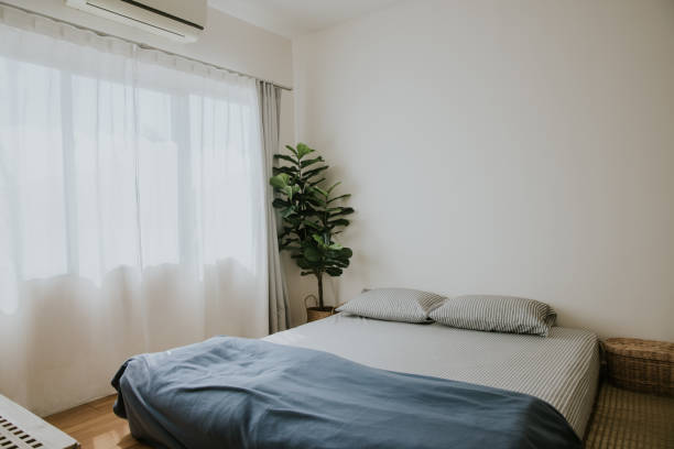 3D rendering, bedroom design with blue Mediterranean design, large wardrobe next to the big bed, also equipped with dressing table and green plants