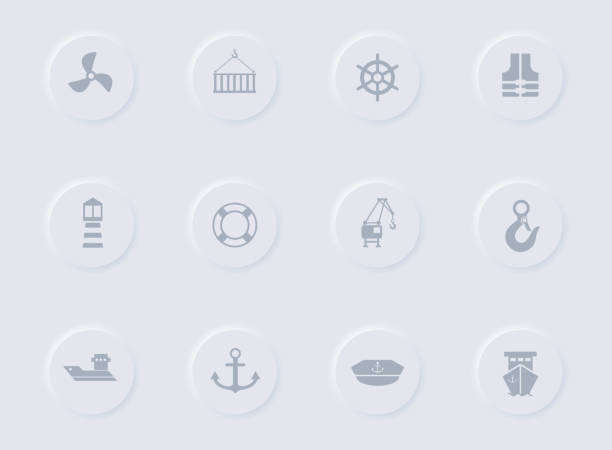 ilustrações de stock, clip art, desenhos animados e ícones de harbor gray vector icons on round rubber buttons. harbor icon set for web, mobile apps, ui design and promo business polygraphy - lighthouse nautical vessel symbol harbor