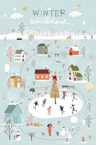 ilustrações de stock, clip art, desenhos animados e ícones de winter wonderland landscape background at night with people celebration and kids having fun at park in village.vector illustration cute cartoon for greeting card  or banner for christmas or new year - christmas village urban scene winter