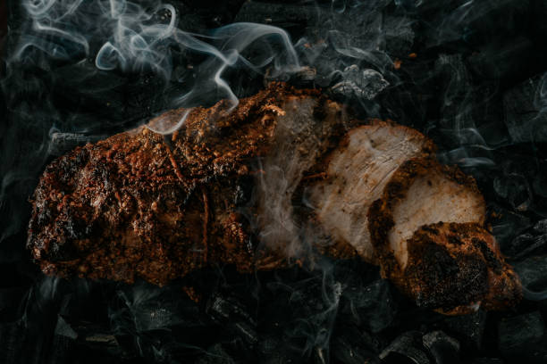 Pastrami pork grilled with spices and honey Pastrami pork grilled with spices and honey baked on charcoal with smoke smoked pork stock pictures, royalty-free photos & images