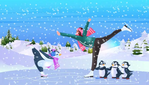 Vector illustration of cute penguins with woman skating on ice rink winter activities concept snowfall landscape background