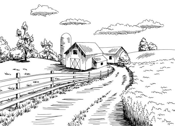 ilustrações, clipart, desenhos animados e ícones de campo de fazenda gráfico preto branco paisagem ilustração vetor - farm fence