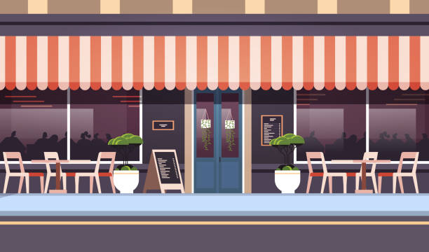 illustrations, cliparts, dessins animés et icônes de moderne café d’été boutique extérieur vide pas de gens rue restaurant terrasse cafétéria extérieure bâtiment - restaurant