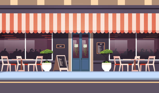 modern summer cafe shop exterior empty no people street restaurant terrace outdoor cafeteria building modern summer cafe shop exterior empty no people street restaurant terrace outdoor cafeteria building horizontal banner restaurant window stock illustrations