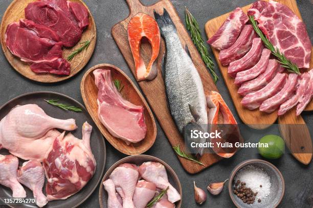 Assortment Of Raw Fresh Meat On Dark Grunge Background Beef Pork Fish Chicken And Duck Top View Flat Lay Stock Photo - Download Image Now