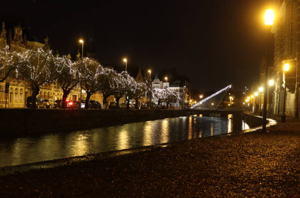 Dendermonde Riverside View, by night, Belgium stock photo