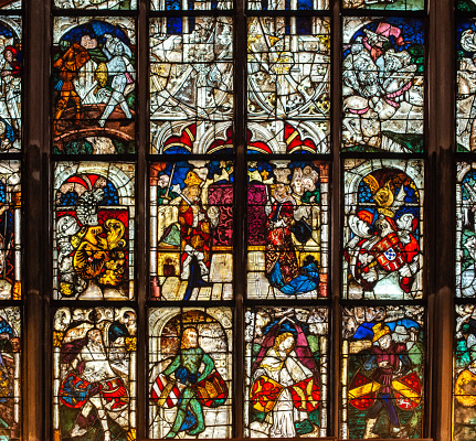 Window paintings in the St. Lorenz church constructed in 1477 in Nürnberg, Bavaria, Germany