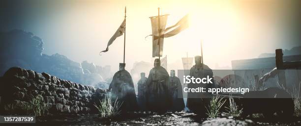 Medieval Knights Passing Through The Village Cinematic Concept Stock Photo - Download Image Now