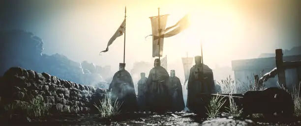 Photo of medieval knights passing through the village. cinematic concept.