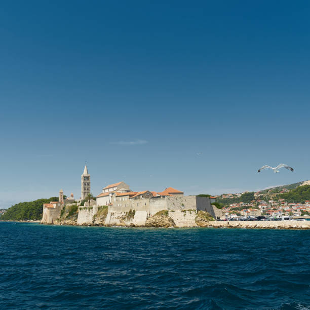 View of the old town of Rab from the Adriatic Sea stock photo
