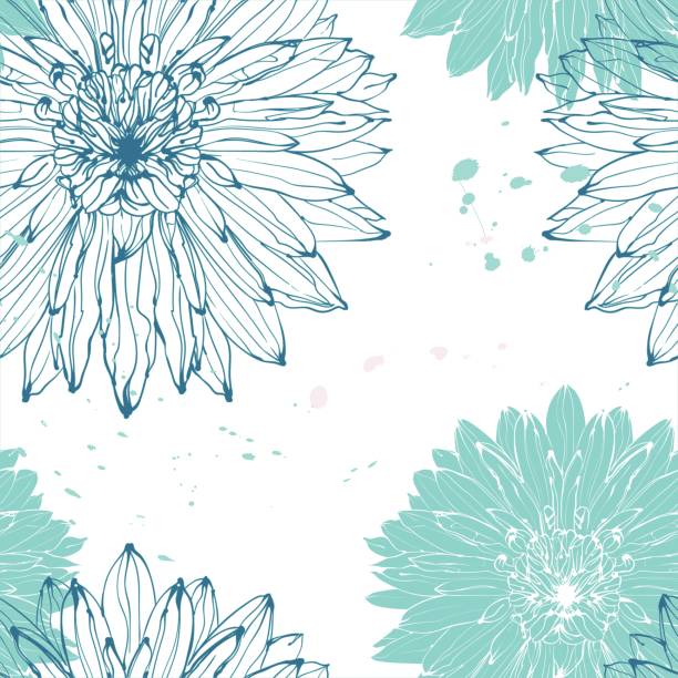 Romantic botanical pattern of dahlia flowers in turquoise graphics and blue fill Romantic botanical pattern of dahlia flowers in turquoise graphics and blue fill ,sketch vector graphic color illustration on white background for postcards, posters, notebooks. dahlia stock illustrations