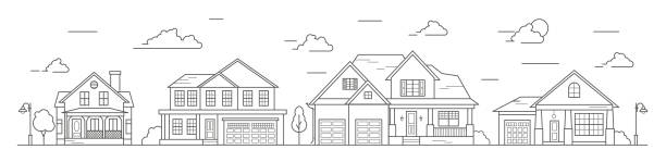 ilustraciones, imágenes clip art, dibujos animados e iconos de stock de paisaje de los barrios de la ciudad, las casas de la zona residencial de los suburbios. una serie de edificios de poca altura del pueblo. ilustración vectorial de esquema. - row house illustrations