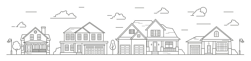 Landscape of the neighborhoods of the city, the houses of the suburbs residential area. A number of low-rise buildings of the village. Outline vector illustration