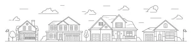 Vector illustration of Landscape of the neighborhoods of the city, the houses of the suburbs residential area. A number of low-rise buildings of the village. Outline vector illustration.