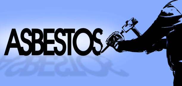 istock Sculpture man at work with hammer demolishes the word asbestos - concept illustration 1357291148