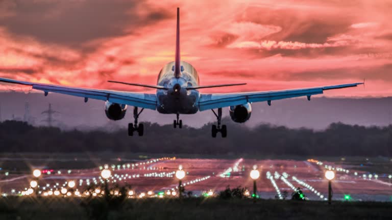 Passenger airplane landing at sunset.