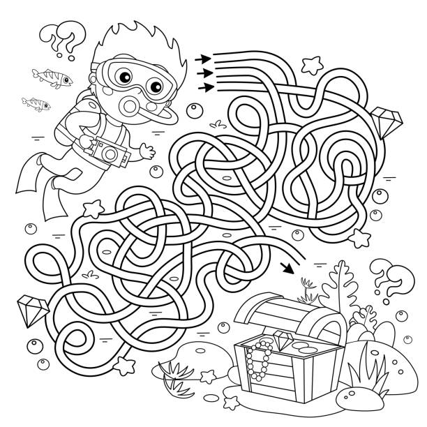 Maze or Labyrinth Game. Puzzle. Tangled road. Coloring Page Outline Of cartoon boy scuba diver with chest of treasure. Marine photography or shooting. Underwater world. Coloring book for kids. Maze or Labyrinth Game. Puzzle. Tangled road. Coloring Page Outline Of cartoon boy scuba diver with chest of treasure. Marine photography or shooting. Underwater world. Coloring book for kids. kids coloring pages stock illustrations