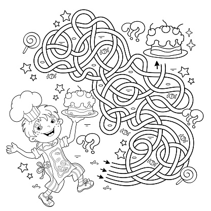 Maze or Labyrinth Game. Puzzle. Tangled road. Coloring Page Outline Of cartoon fun boy chef with cake. Little cook or scullion. Profession. Coloring book for kids.