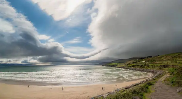 Panoramic view of Inch Beach. Blue-Flag Inch Beach lies on Daingean Bay on the Dingle Peninsula. One of the beautiful beach in Ireland.