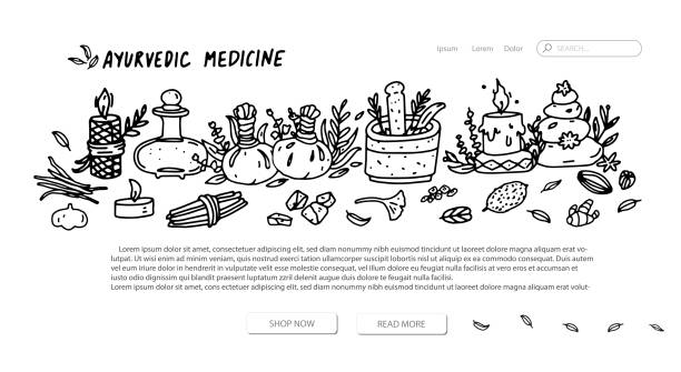 ayurvedische medizin webseite design-vorlage. vector landing homepage mit illustrationselementen der ayurvedischen medizin. - lastone therapy illustrations stock-grafiken, -clipart, -cartoons und -symbole