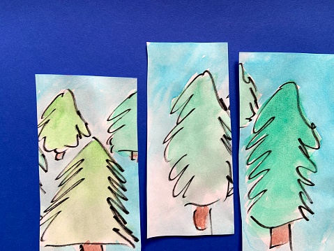 Watercolor painting collage of pine trees