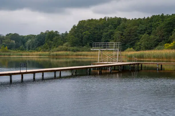 Bathing jetty and jumptower at the Passower See (Lake Passow), Mecklenburg-Western Pomerania, Germany
