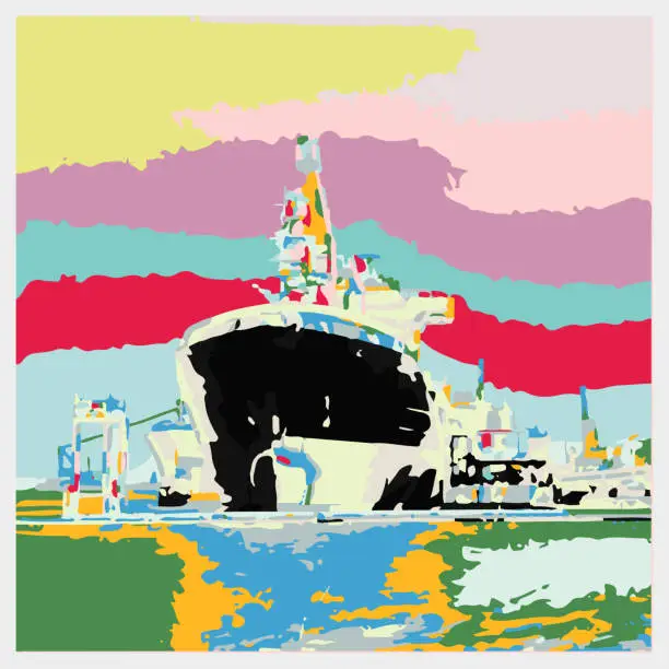 Vector illustration of Vector colors engraving the ship in bund watercolor painting pattern illustration background,Pretty Pastels