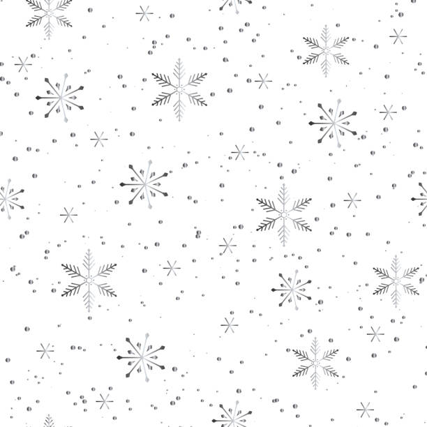 白い背景に銀の雪とドット。高貴な冬のクリスマスシームレスな繰り返しパターン。金属効果。プリント、背景、テキスタイルデザインに最適です。ベクターの図。 - winter focus on foreground backgrounds white点のイラスト素材／クリップアート素材／マンガ素材／アイコン素材