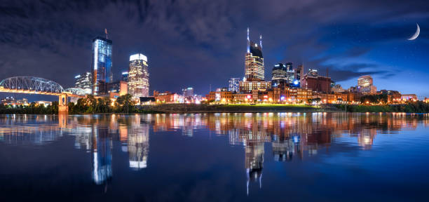 Nashville, TN skyline Nashville TN Skyline with Cumberland river in view nashville tennessee bridge stock pictures, royalty-free photos & images