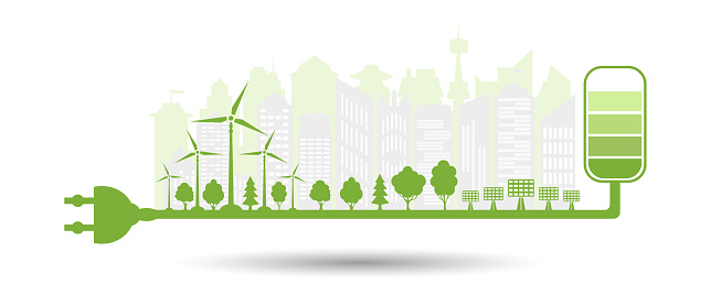 Ecological city and environment conservation. Eco friendly charging symbol with plug electric. Silhouette green city with renewable energy sources. Vector illustration.