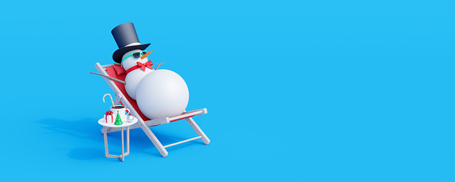Snowman with sunglasses resting and drink hot chocolate on blue background. Winter Holidays concept 3d render 3d illustration