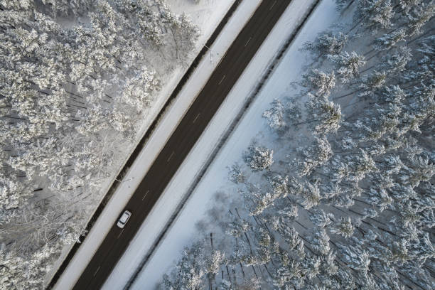 istock Black road and trees with chill snow in mountains 1357302682